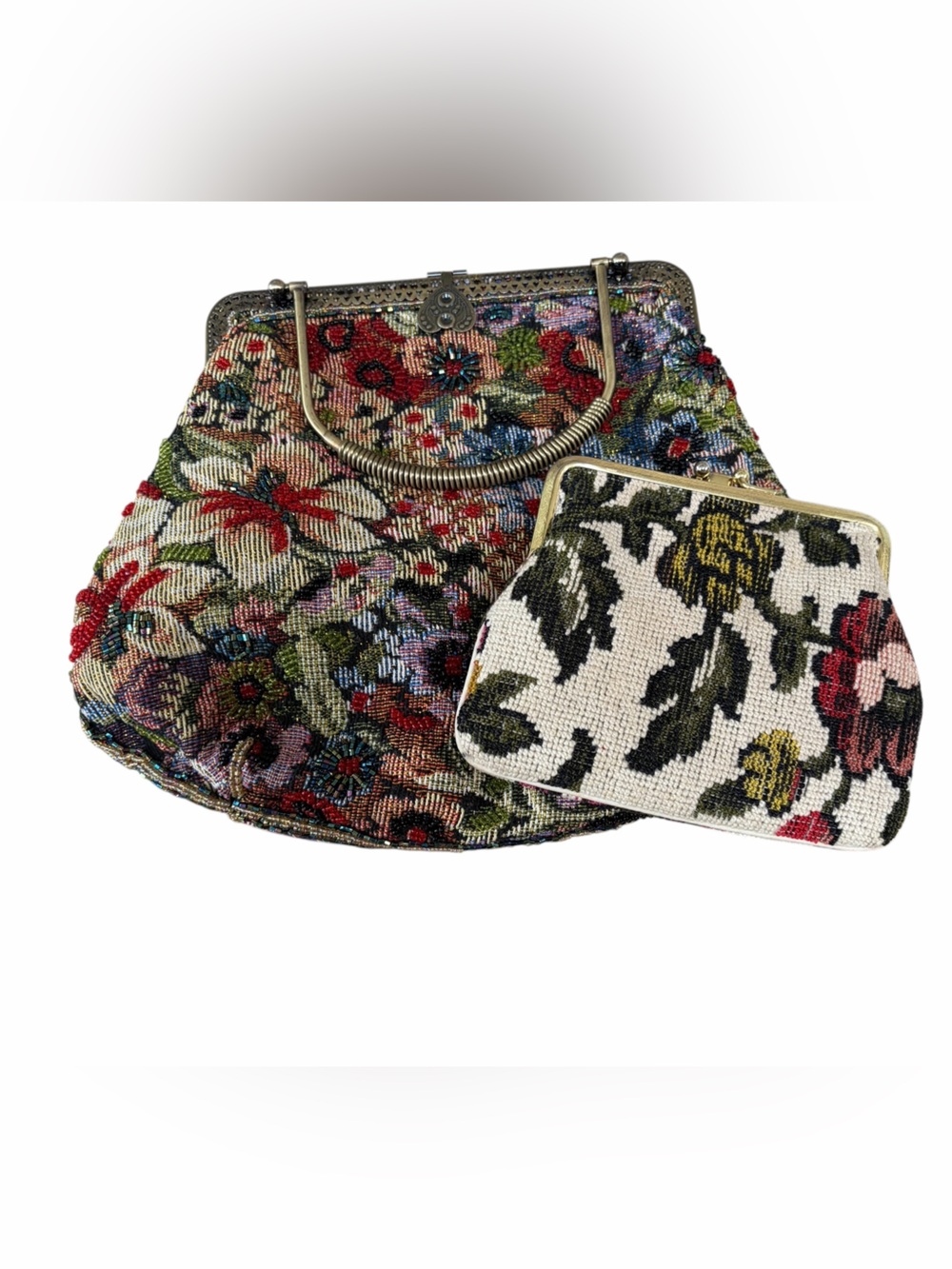Vintage Floral Beaded Tapestry Handbag and coin purse